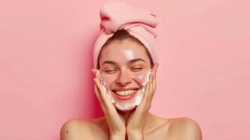 AI generated Photo of happy attractive lady touch cheeks wash face applying peeling cream on pastel color background