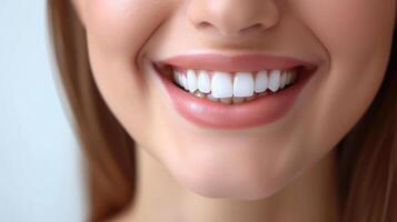 AI generated Beautiful wide smile of young fresh woman with great healthy white teeth. Isolated over background photo