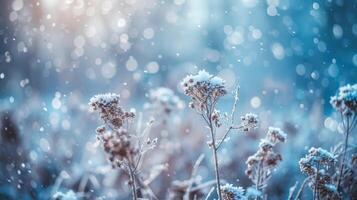 AI generated Winter atmospheric landscape with frost-covered dry plants during snowfall. Winter Christmas backgroun photo