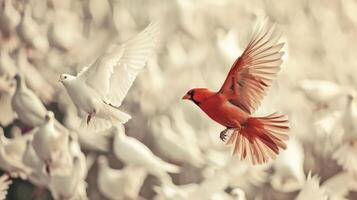 ai generado cerca arriba rojo pájaro volador diferente mediante un grupo de blanco pájaro, juego cambiador negocio. Clásico filtrar estilo. foto