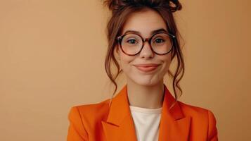 AI generated happy successful employee business woman corporate lawyer wearing classic formal orange suit glasses work in office look camera isolated on plain beige color background photo