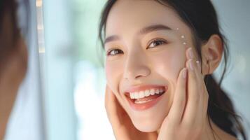 AI generated close up of asian beauty happy woman looking her health teeth in front of mirror photo