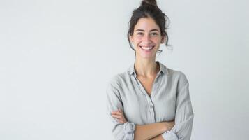 AI generated Happy successful woman standing in casual outfit, smiling pleased at camera and looking confident, standing against white background photo