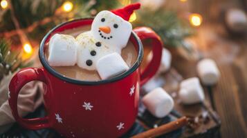 AI generated Red mug with hot chocolate with melted marshmallow snowman photo