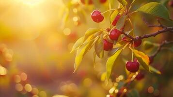 AI generated A branch with natural cherries on a blurred background of a cherry orchard at golden hour. The concept of organic, local, seasonal fruits and harvest photo