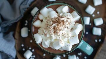 AI generated Overhead view of hot chocolate in a blue green mug with whipped cream and mini marshmallows photo