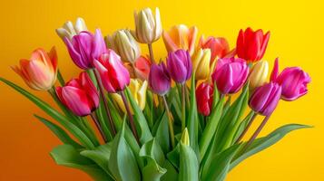 AI generated Beautiful Bouquet of vivid colorful tulips flowers on yellow background photo