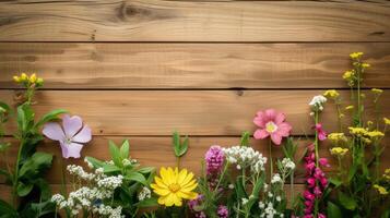 AI generated Garden flowers and plants on isolated wooden board background with copyspace photo