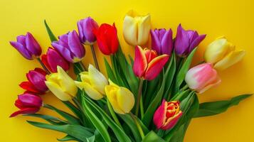 ai generado hermosa ramo de flores de vívido vistoso tulipanes flores en amarillo antecedentes foto