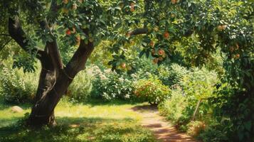 AI generated Green apple-laden tree focal point, lush garden photo