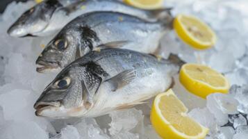 AI generated Fresh fish on ice with lemon wedges photo