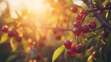 AI generated A branch with natural cherries on a blurred background of a cherry orchard at golden hour. The concept of organic, local, seasonal fruits and harvest photo