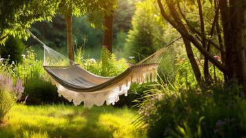 ai generado hermosa paisaje con hamaca en el verano jardín, soleado día foto