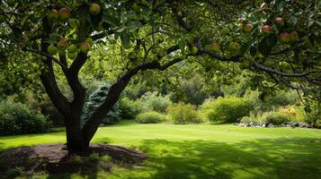 ai generado verde cargado de manzanas árbol focal punto, lozano jardín foto