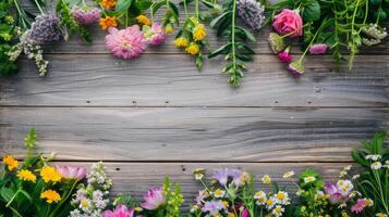 AI generated Garden flowers and plants on isolated wooden board background with copyspace photo