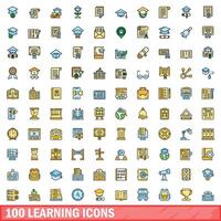 100 learning icons set, color line style vector