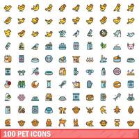 100 pet icons set, color line style vector