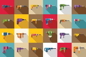 Electric hammer drill icons set flat vector. Construction tool vector