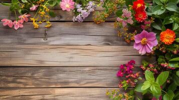 AI generated Garden flowers and plants on isolated wooden board background with copyspace photo