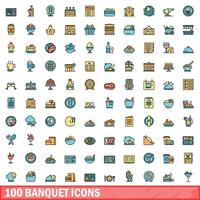 100 banquet icons set, color line style vector