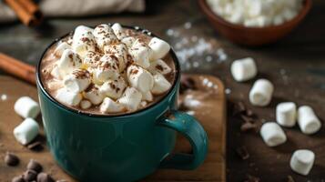 AI generated Overhead view of hot chocolate in a blue green mug with whipped cream and mini marshmallows photo