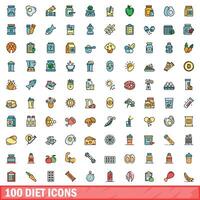 100 diet icons set, color line style vector