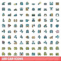 100 car icons set, color line style vector