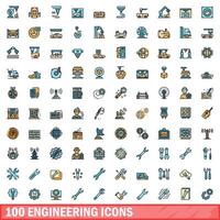 100 engineering icons set, color line style vector