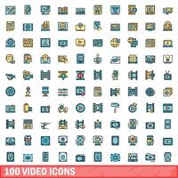 100 video icons set, color line style vector