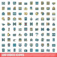 100 video icons set, color line style vector