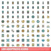 100 adeptness icons set, color line style vector