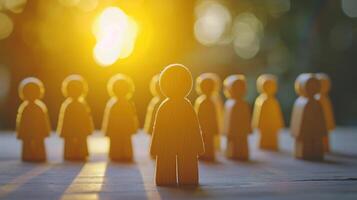 AI generated Success in Business or Talent Concept. Stand Out from the Crowd. Different and Individual Unique Person. Spotlight Shining to the Golden. presenting by wooden peg dolls photo