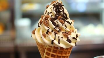 AI generated Ice cream delight Waffle cone with creamy goodness photo