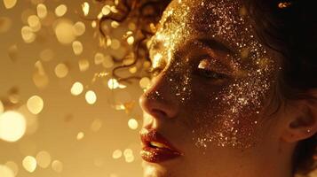 AI generated Woman with gold glitter on her face, on golden sparkling background photo