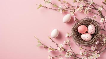 AI generated Top view of nest with Easter eggs and flowers on pastel background photo