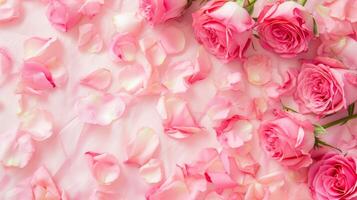 AI generated Soft pink background with various pink petals of roses photo