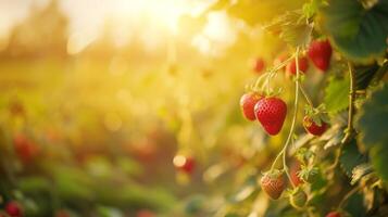 AI generated A branch with natural strawberries on a blurred background of a strawberry field at golden hour. The concept of organic, local, seasonal fruits and harvest photo