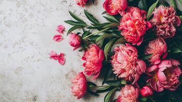 AI generated Many beautiful peonies blossoms on light background with copy space photo