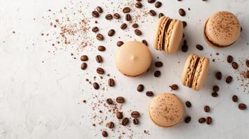 AI generated Coffee macarons on a light background with coffee beans, top view photo