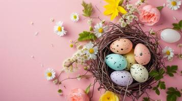 AI generated Top view of nest with Easter eggs and flowers on pastel background photo