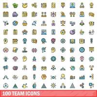 100 team icons set, color line style vector