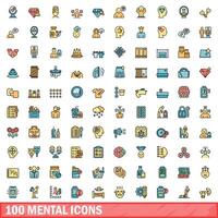 100 mental icons set, color line style vector