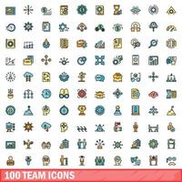 100 team icons set, color line style vector