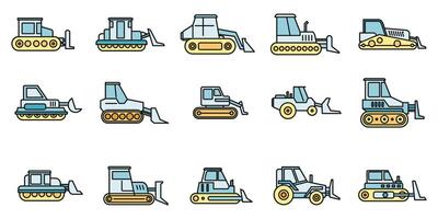 Construction bulldozer icons set vector color line