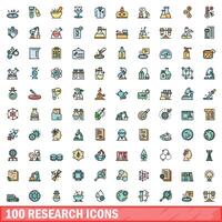 100 research icons set, color line style vector