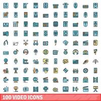 100 video icons set, color line style vector