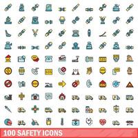 100 safety icons set, color line style vector