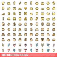 100 clothes icons set, color line style vector