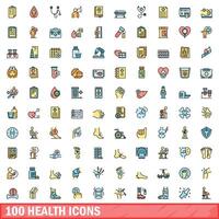 100 health icons set, color line style vector