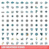 100 weather icons set, color line style vector